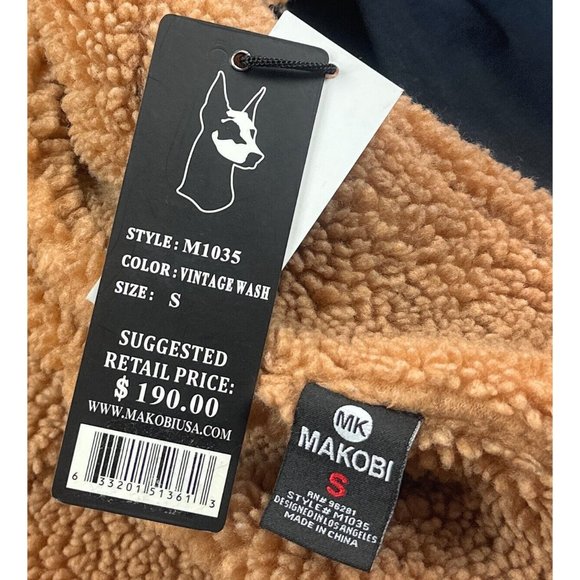 Makobi Mens Small Dark Blue Plaid Zip Denim Jean Sherpa Jacket Distressed M1035 - Picture 8 of 11